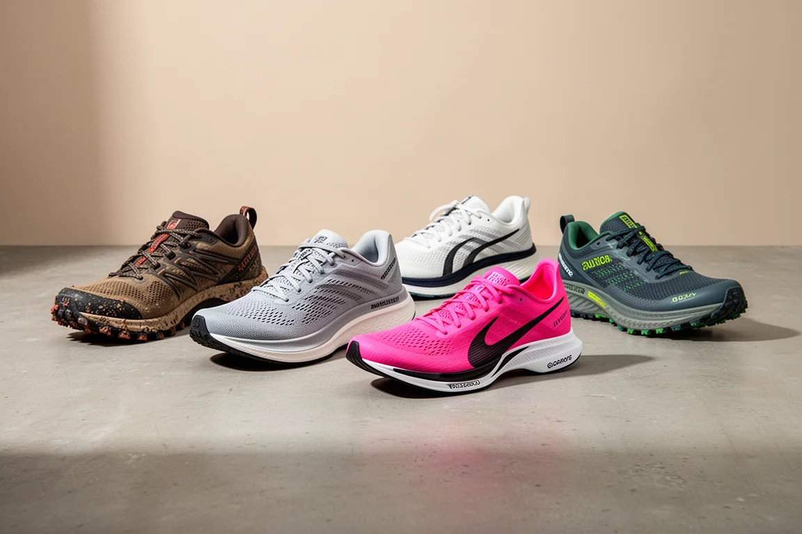 Five running shoes lined up on a concrete surface for a year-end roundup