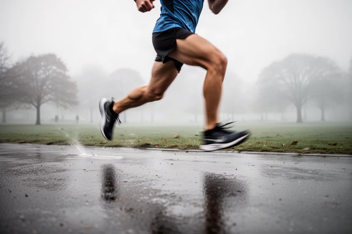 Runner picking up pace on wet tarmac during a speed session