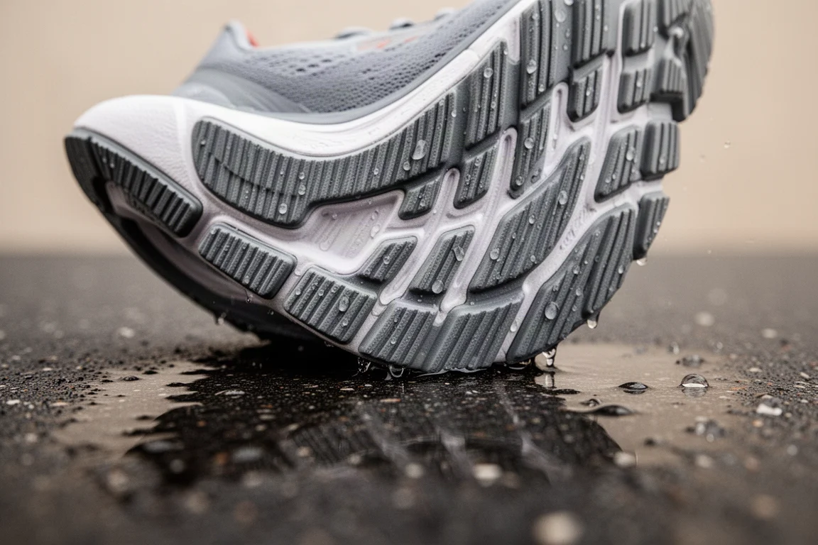 Running shoe outsole with ridged rubber gripping wet ground