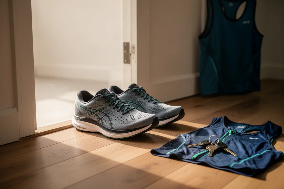 Running shoes lined up by a doorway ready for a session