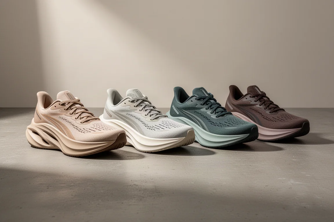 Five running shoes in a row on a concrete surface
