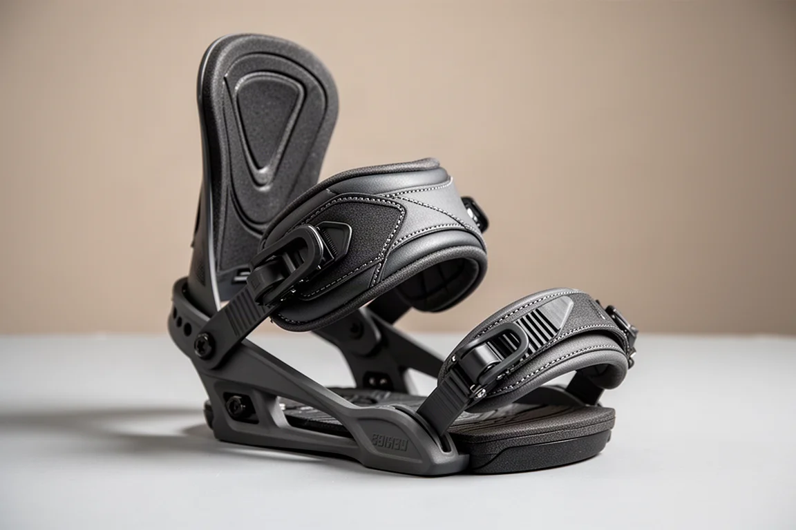 Primer plano de las correas y el highback de una fijación de snowboard sobre una superficie de estudio neutra