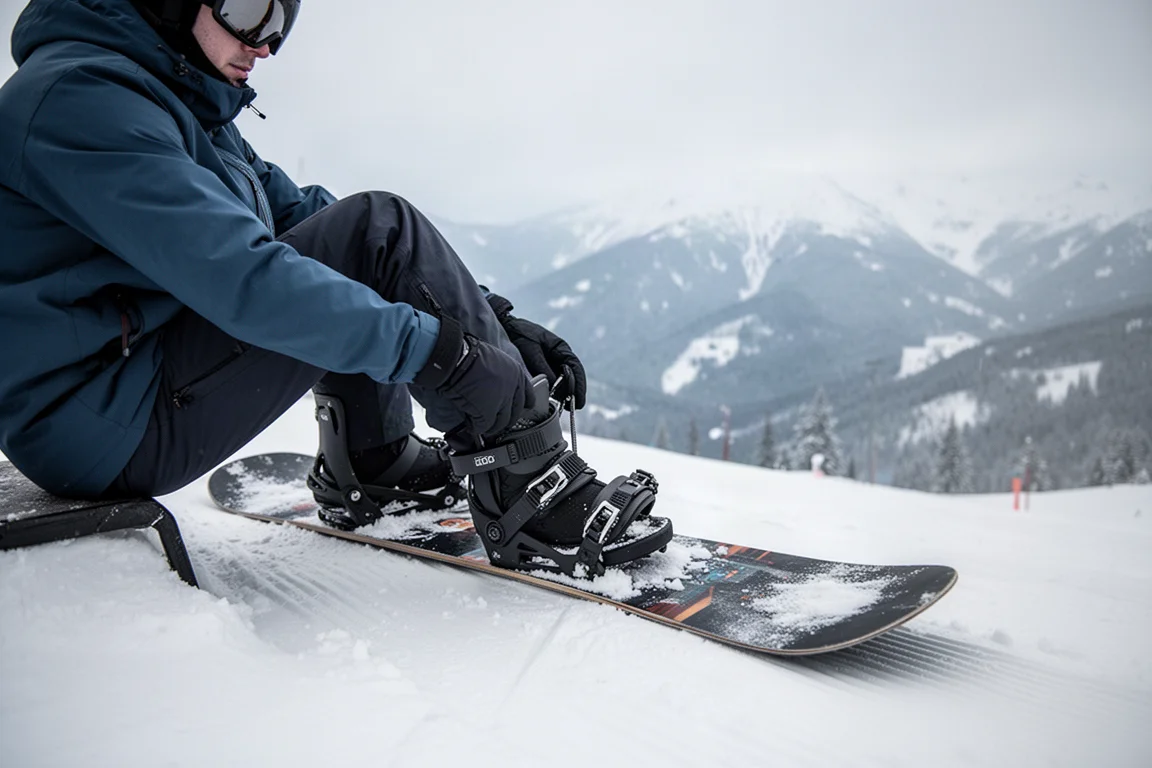 Un rider ajustándose la fijación de snowboard en una ladera nevada