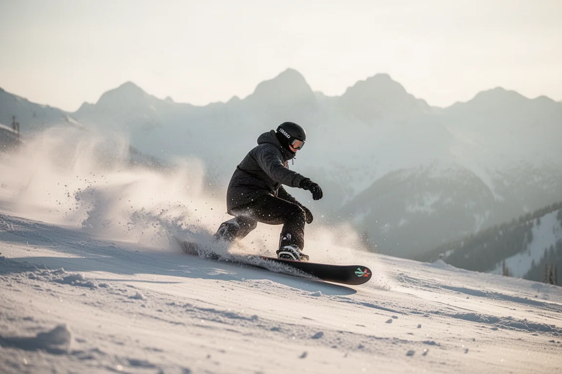 Una tabla de snowboard trazando un giro en nieve fresca en una pista de montaña