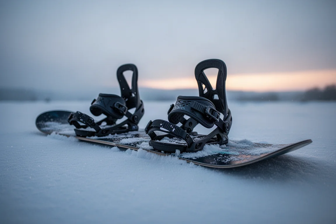 Fijaciones de snowboard montadas en una tabla apoyada sobre la nieve al atardecer