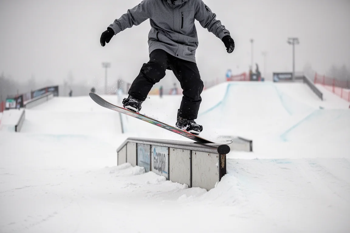 單板滑雪者在雪地公園以camber twin在鐵桿上滑行