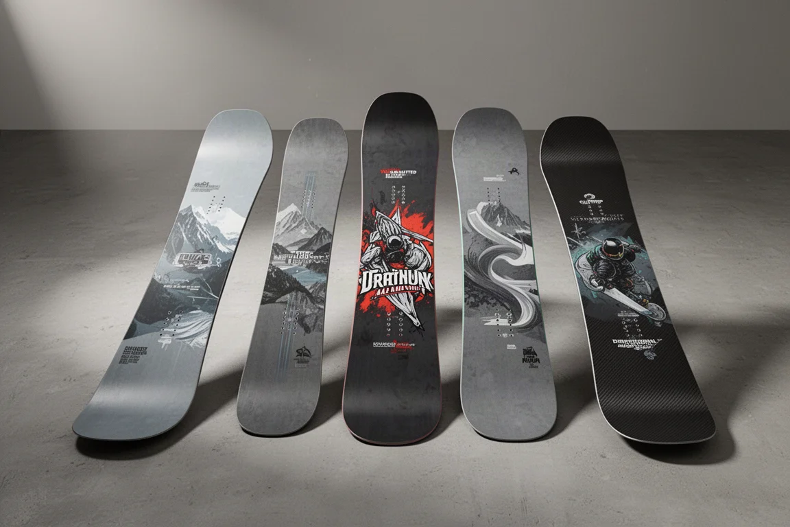 Fem snowboards utspridda på ett betonggolv i en studio