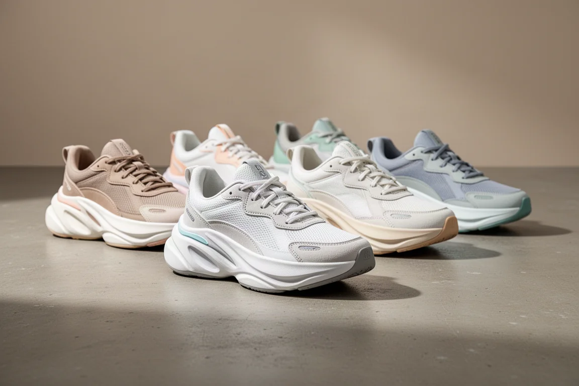 Six cushioned running shoes lined up on a concrete surface