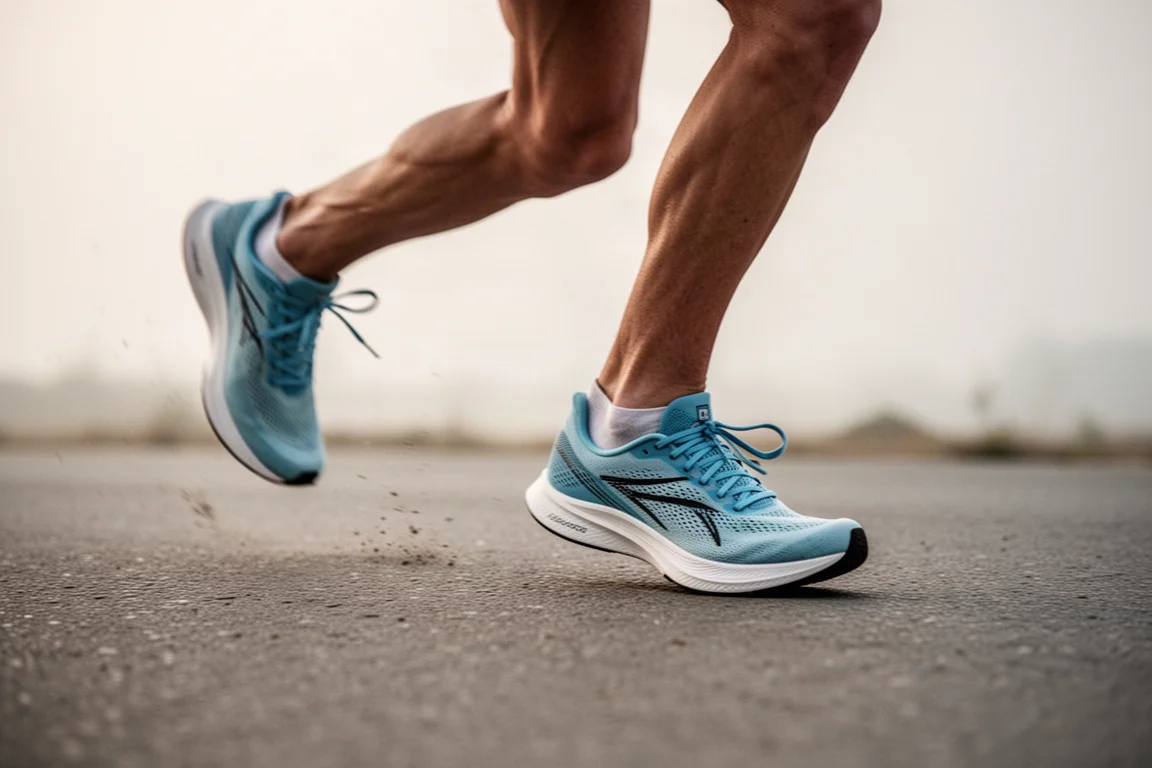 Pieds d'un coureur chaussés de chaussures de course légères en pleine foulée sur du bitume sec