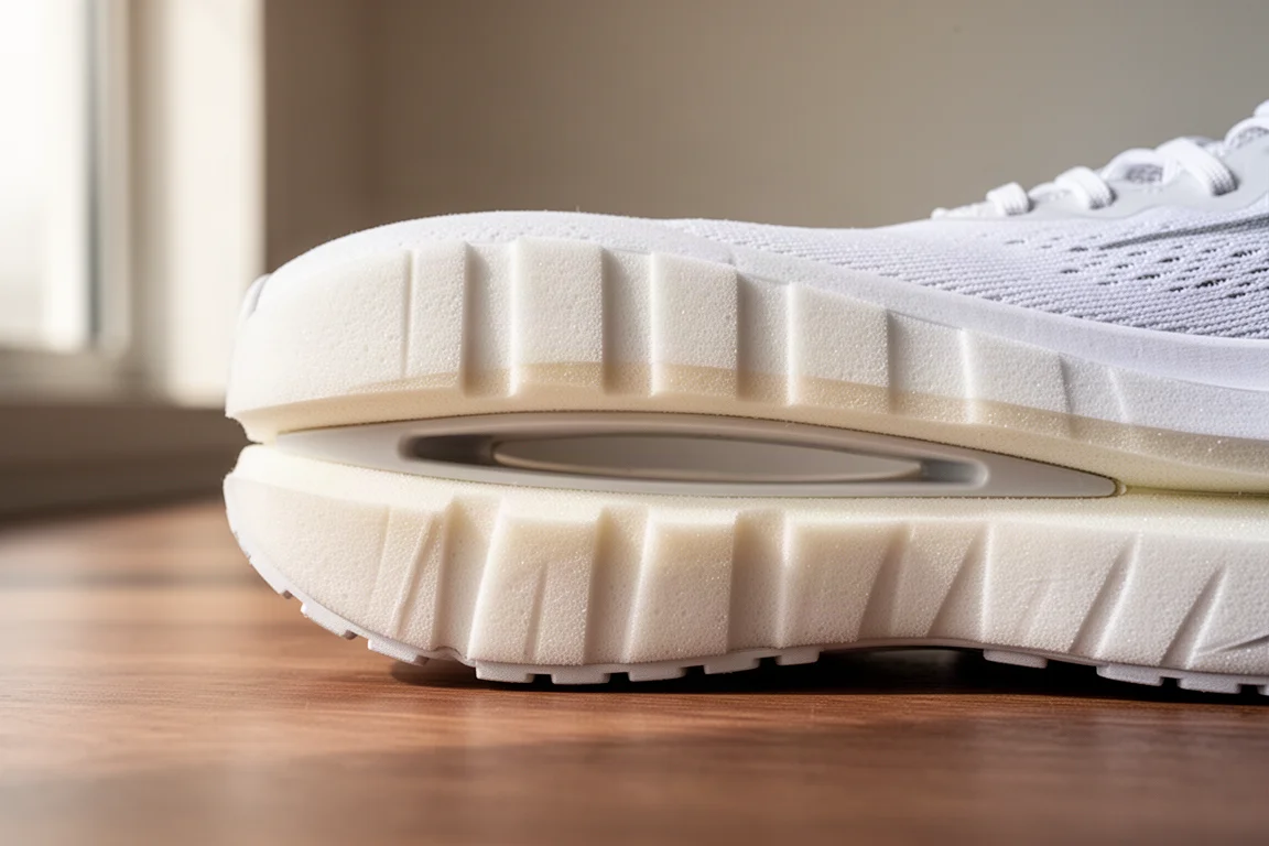 Gros plan sur la mousse d'intersemelle d'une chaussure montrant la structure de rebond