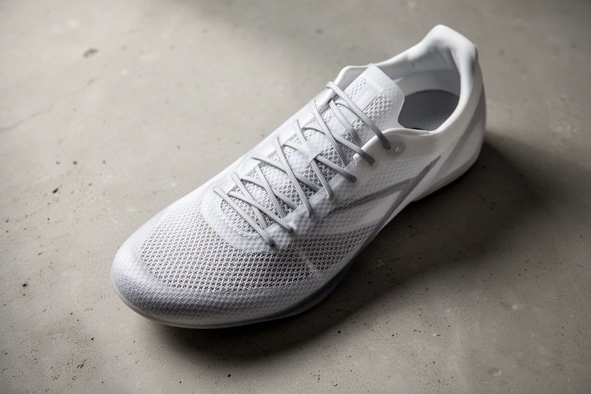 Détail du laçage de la tige d'une chaussure de running sur fond neutre