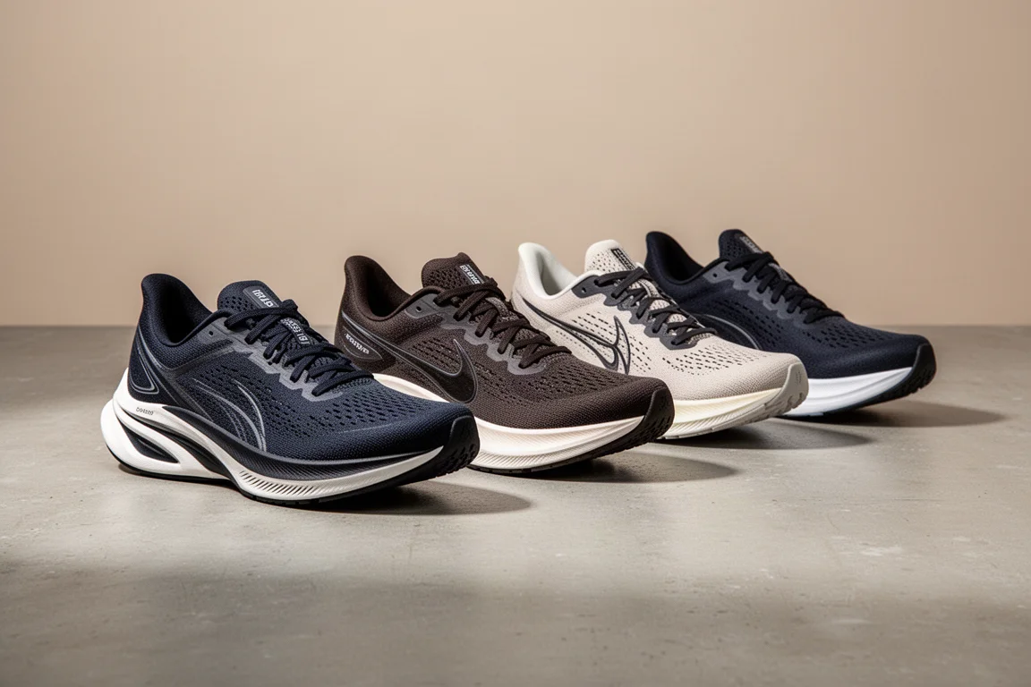 Cinq chaussures de course légères alignées sur une surface en béton