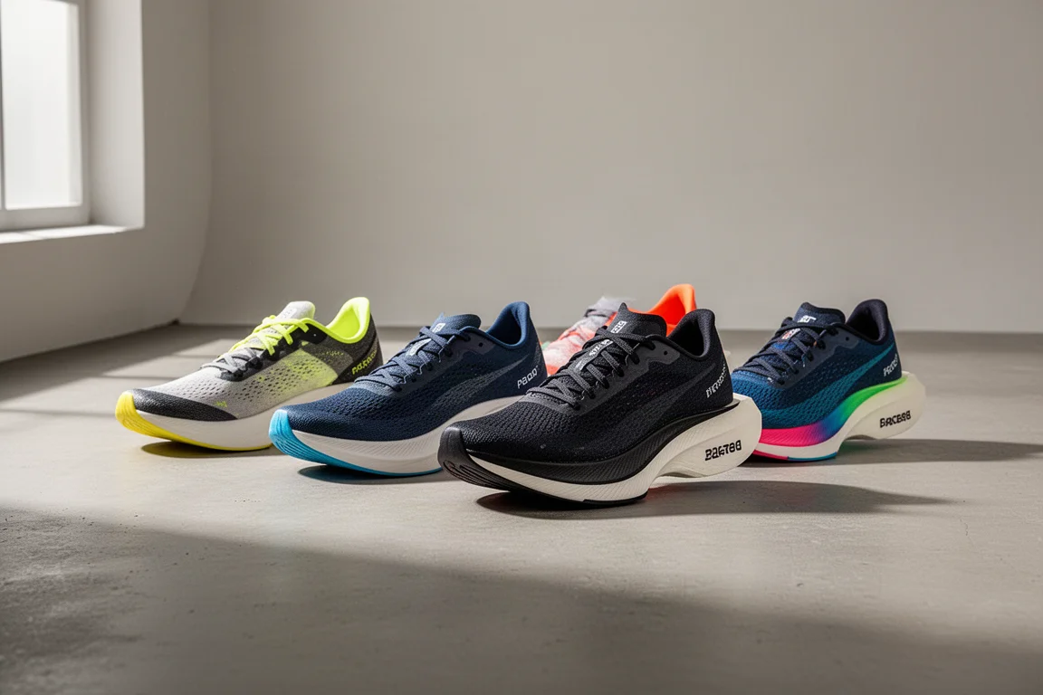 Five road running shoes arranged in a row on a concrete studio surface