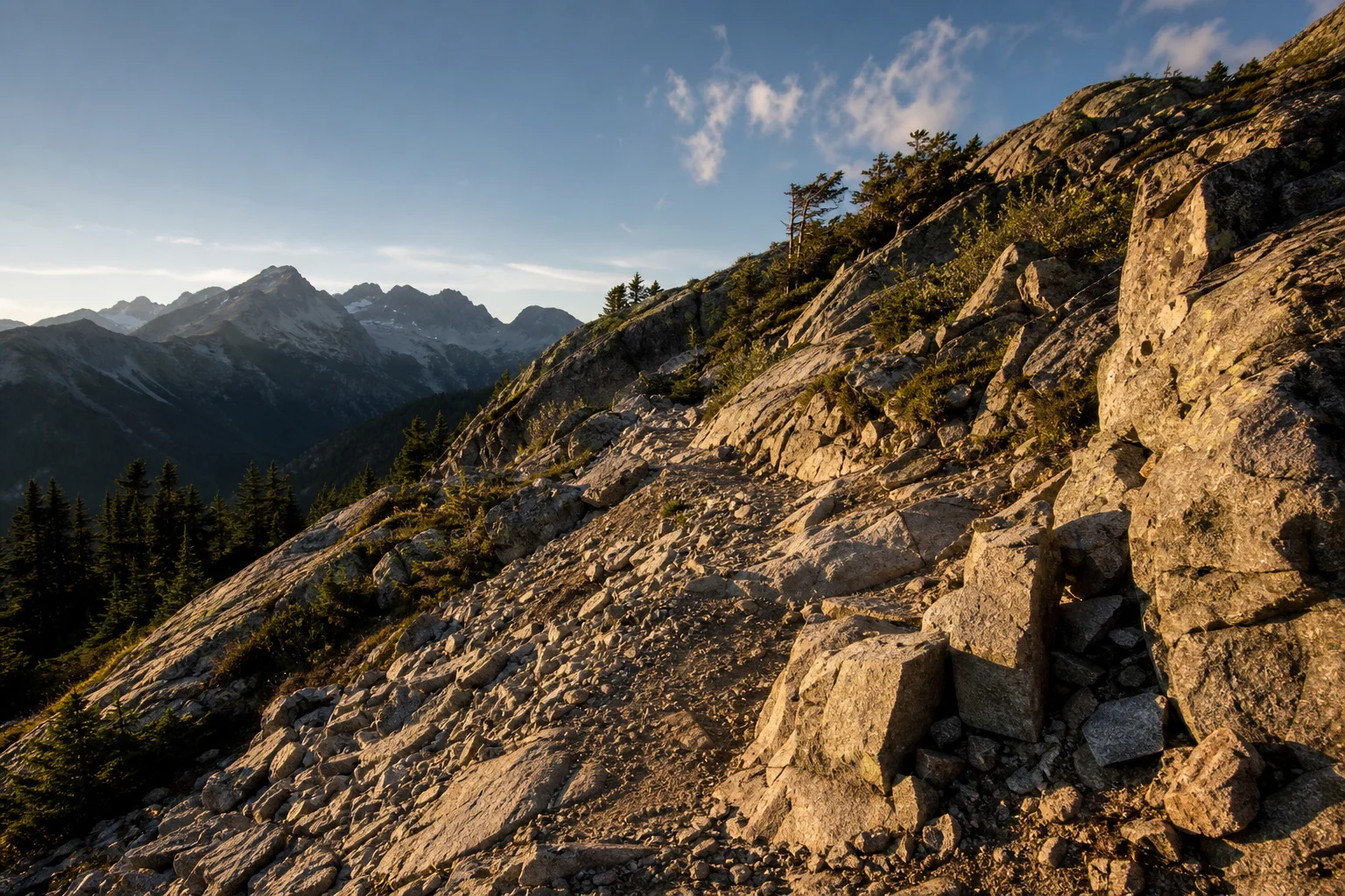 Sentier de montagne technique avec affleurements rocheux et terrain escarpé