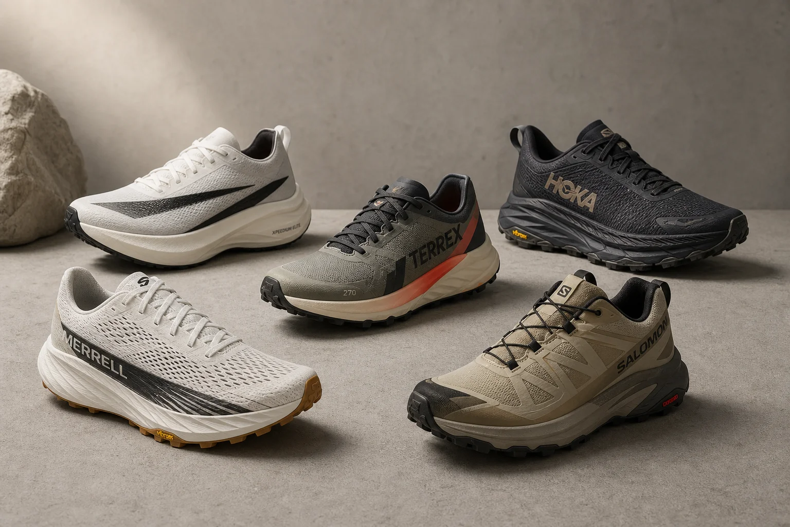 Five trail running shoes displayed on concrete surface