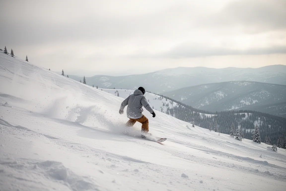Snowboardeur Carver de la poudreuse fraîche sur une pente à faible angle