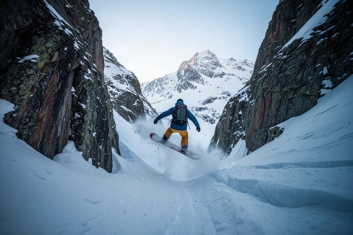 Snowboardeur s'engageant dans un couloir alpin raide