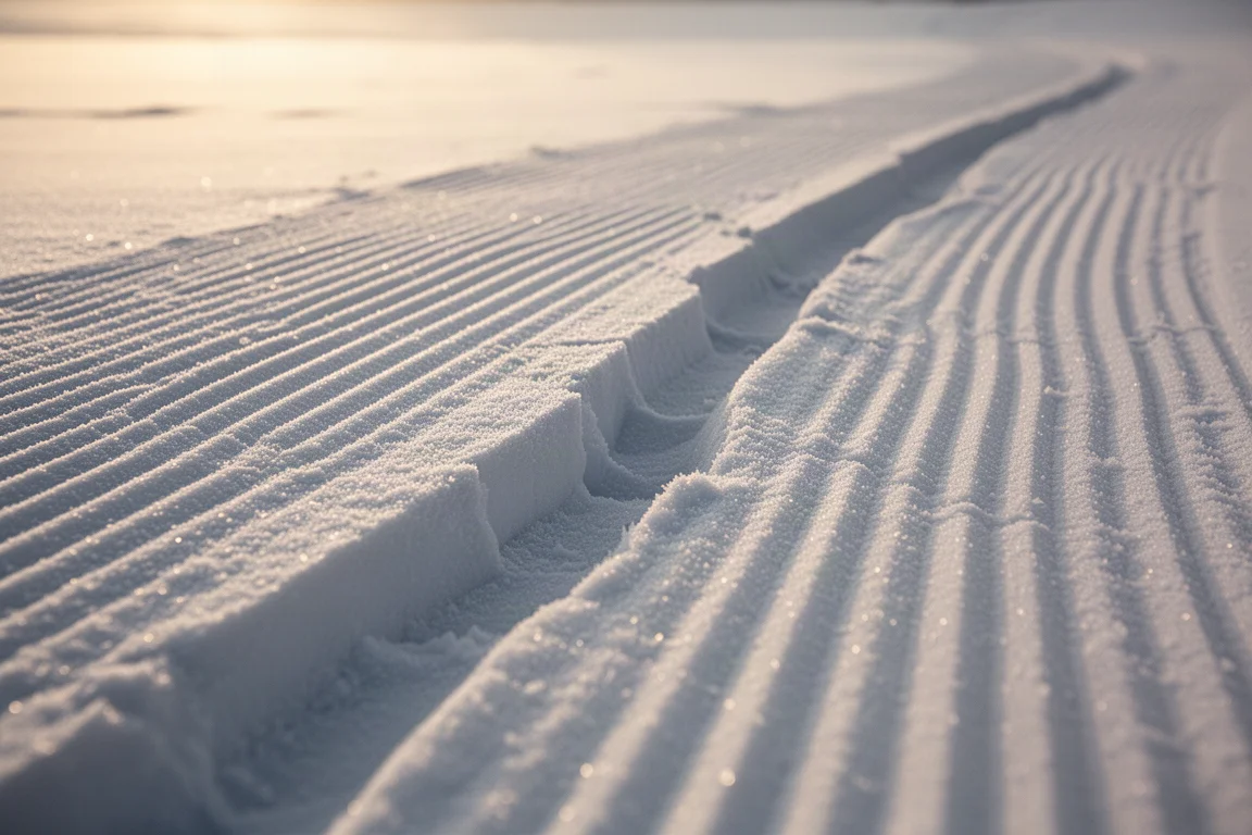 Sillon de carve profond tracé dans la neige damée au lever du soleil