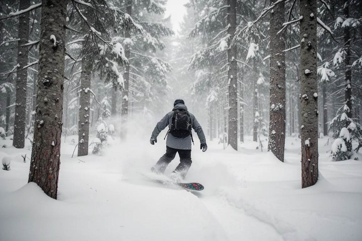 Snowboardeur évoluant entre les arbres dans la neige profonde