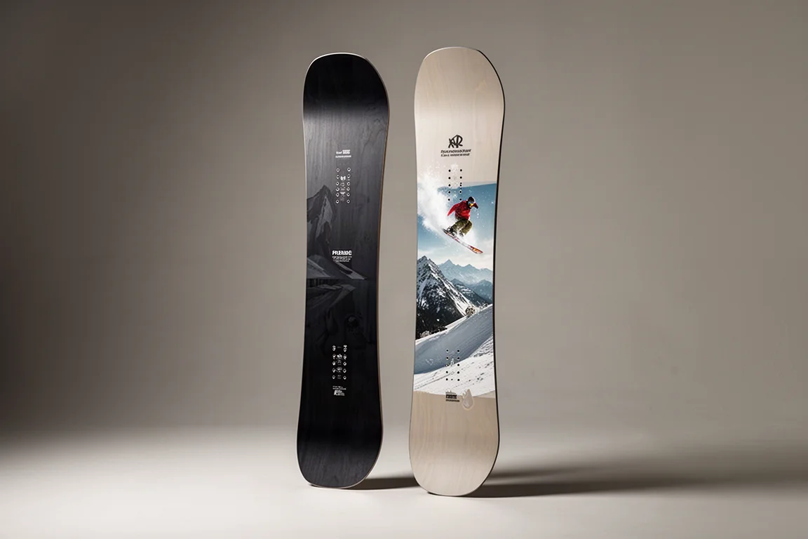 Deux snowboards dressés côte à côte sur un fond de studio gris