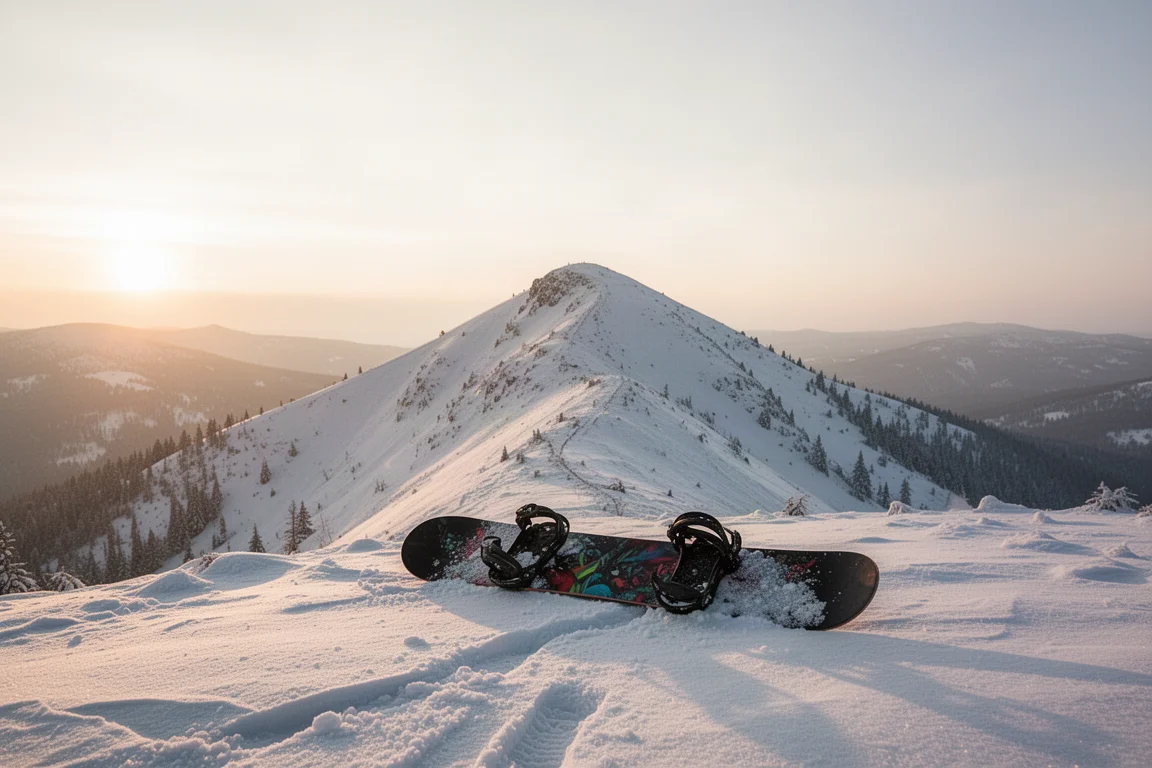Cresta di montagna innevata all'alba con una tavola da snowboard appoggiata sulla neve