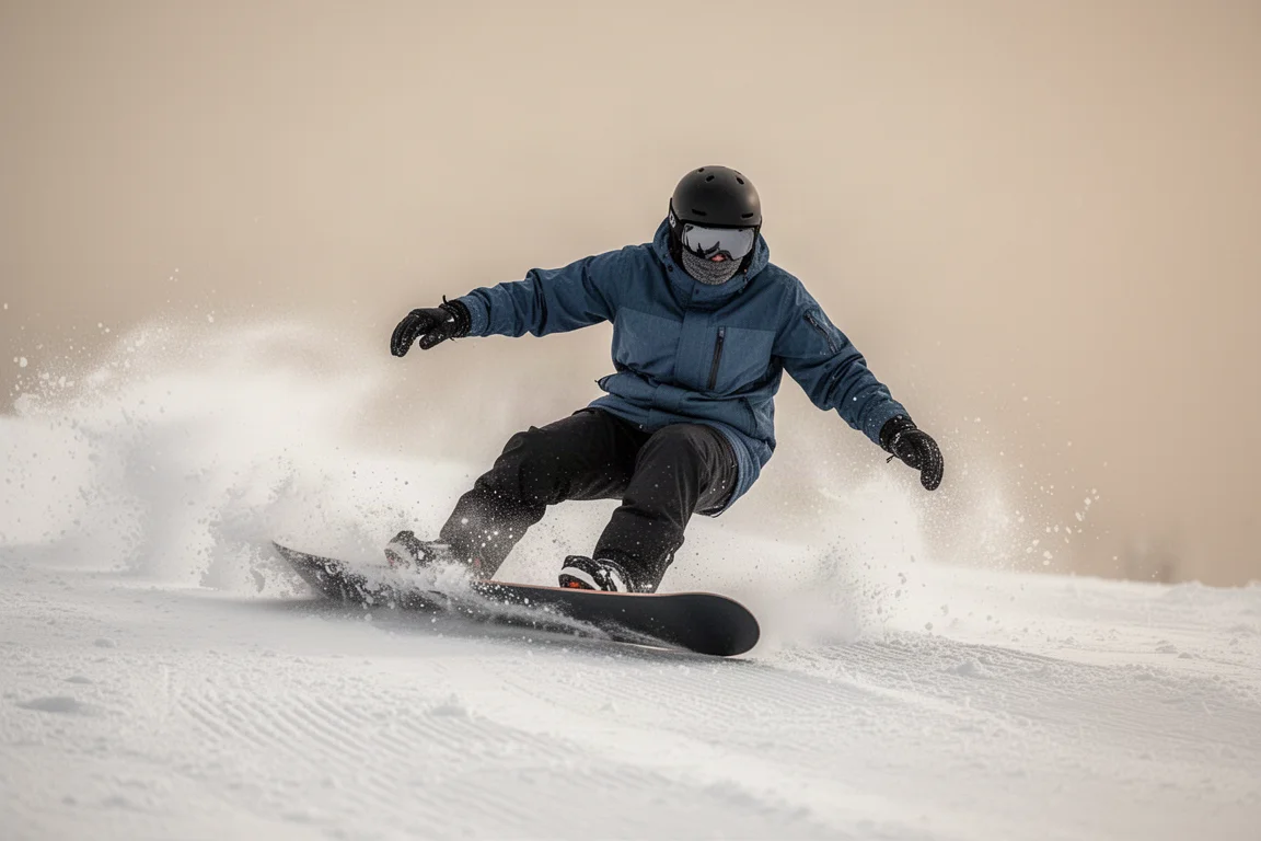 Snowboarder che traccia una curva su pista battuta con neve spruzzata dal borde