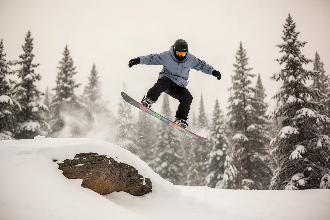 Snowboarder che si lancia da un drop laterale con alberi innevati sullo sfondo