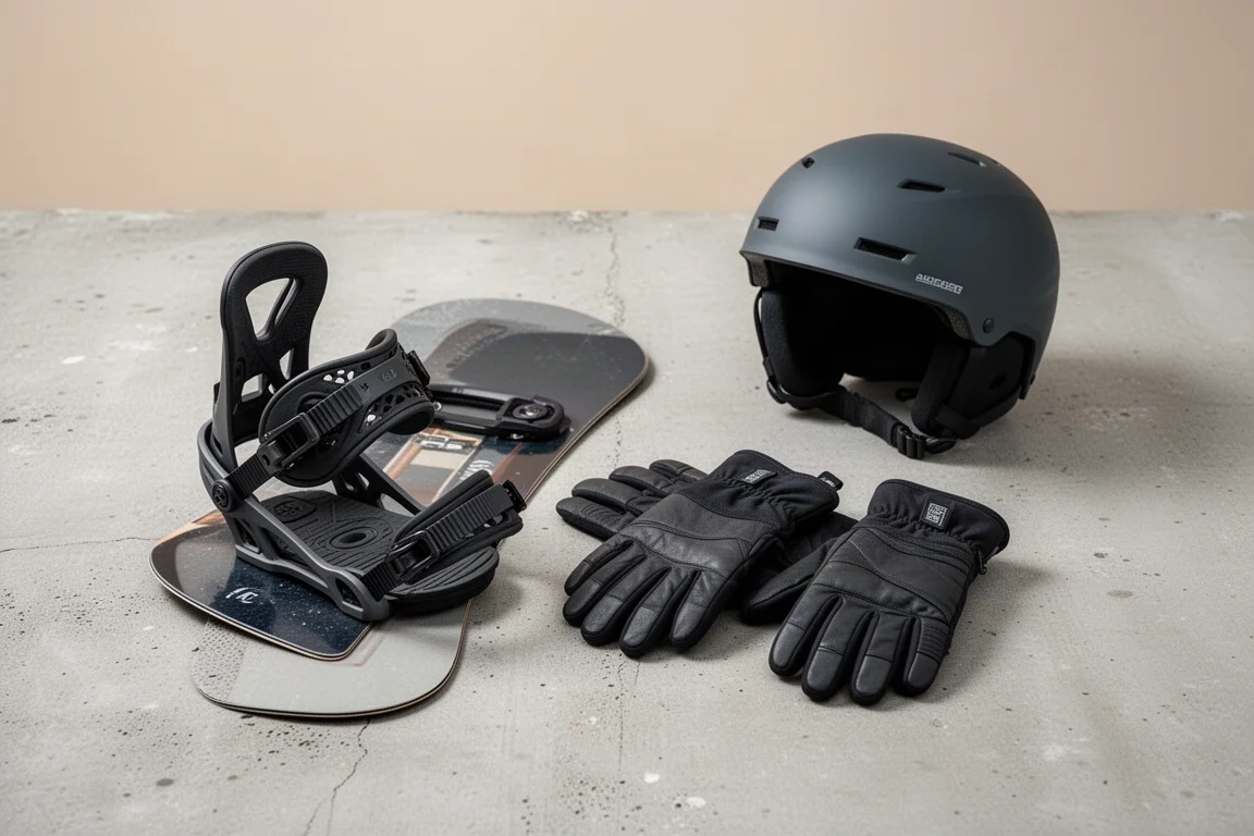 Accessori per snowboard disposti su una superficie di cemento in luce soffusa