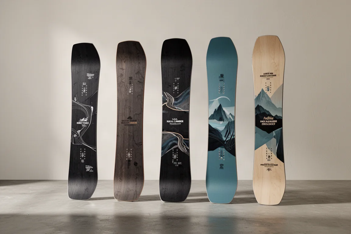 Five snowboards lined up on a concrete surface in soft studio light