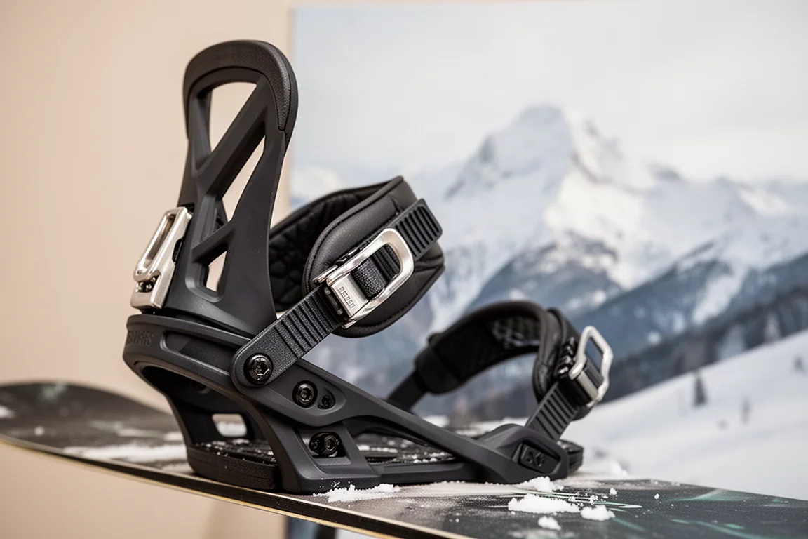 Nahaufnahme des Ratchet-Straps und Highbacks einer Snowboard-Bindung auf einem Snowboard