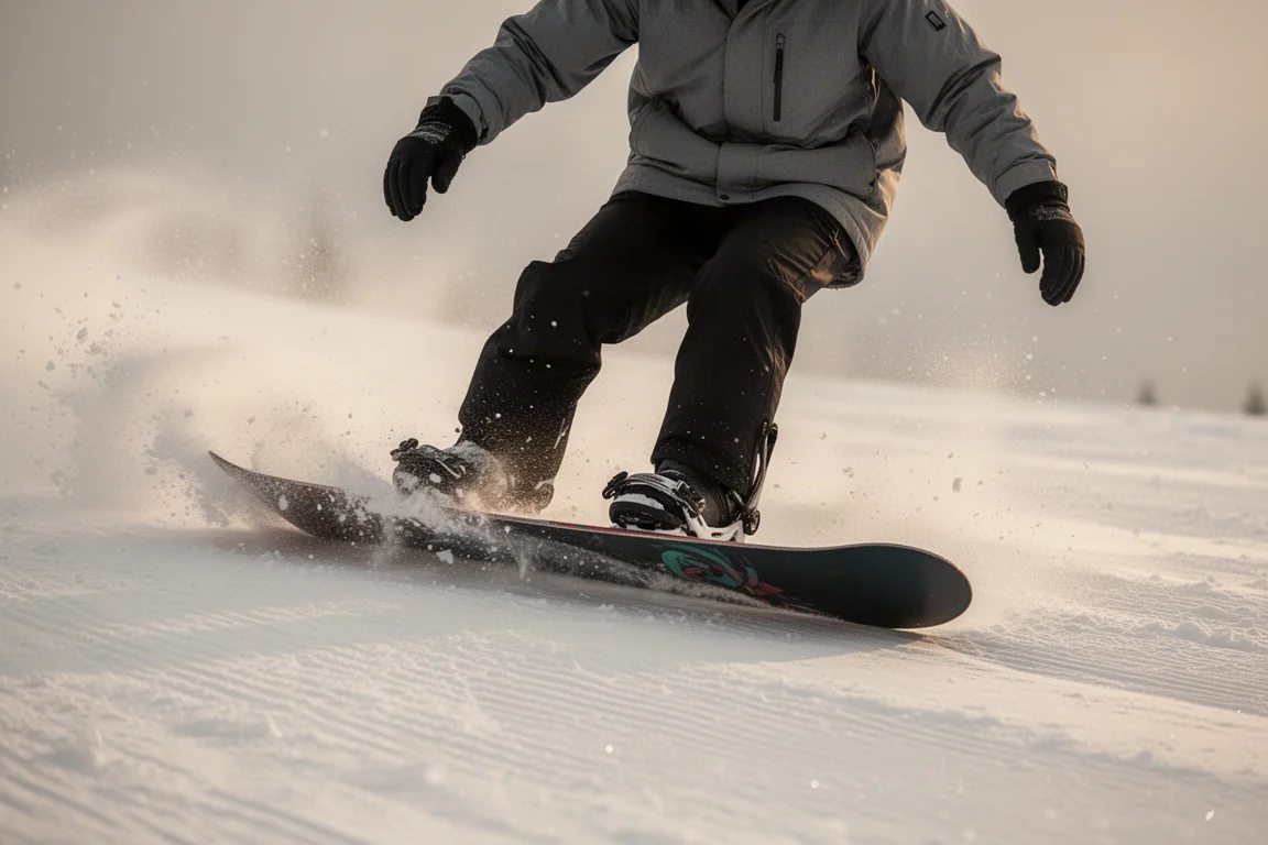Snowboarder zieht eine Kurve auf einer präparierten Piste, Bindungen sichtbar