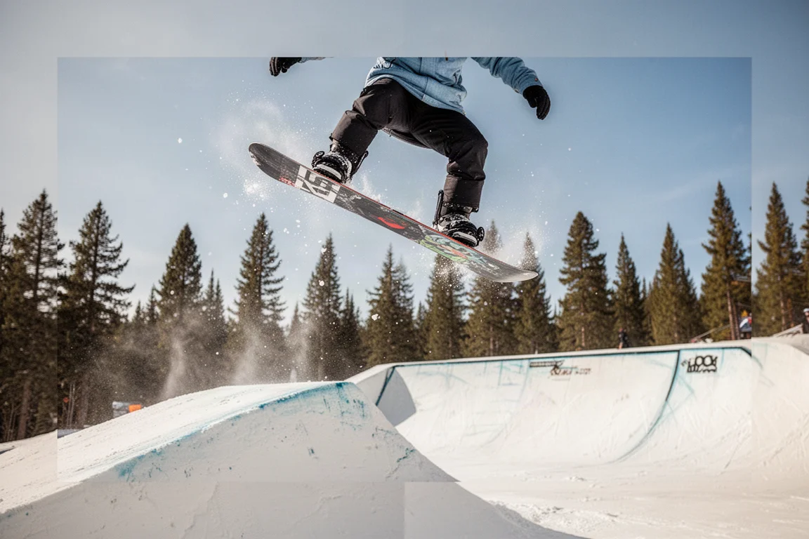 Snowboarder in der Luft über einem Jump im Terrainpark, Bindungen sichtbar