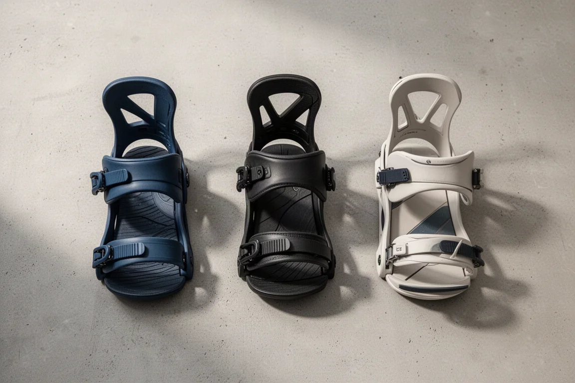 Flat-Lay aus der Vogelperspektive: drei Snowboard-Bindungen auf einer Betonfläche