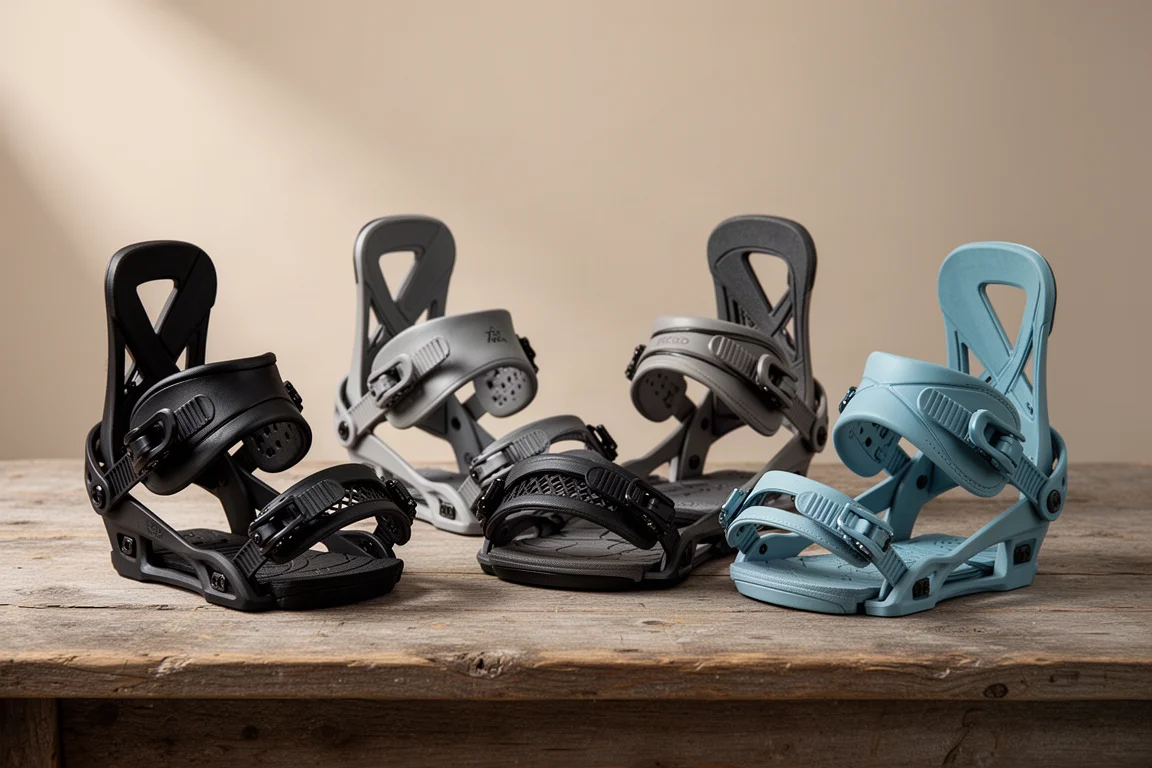 Five snowboard bindings arranged on a weathered wooden surface in a studio setting