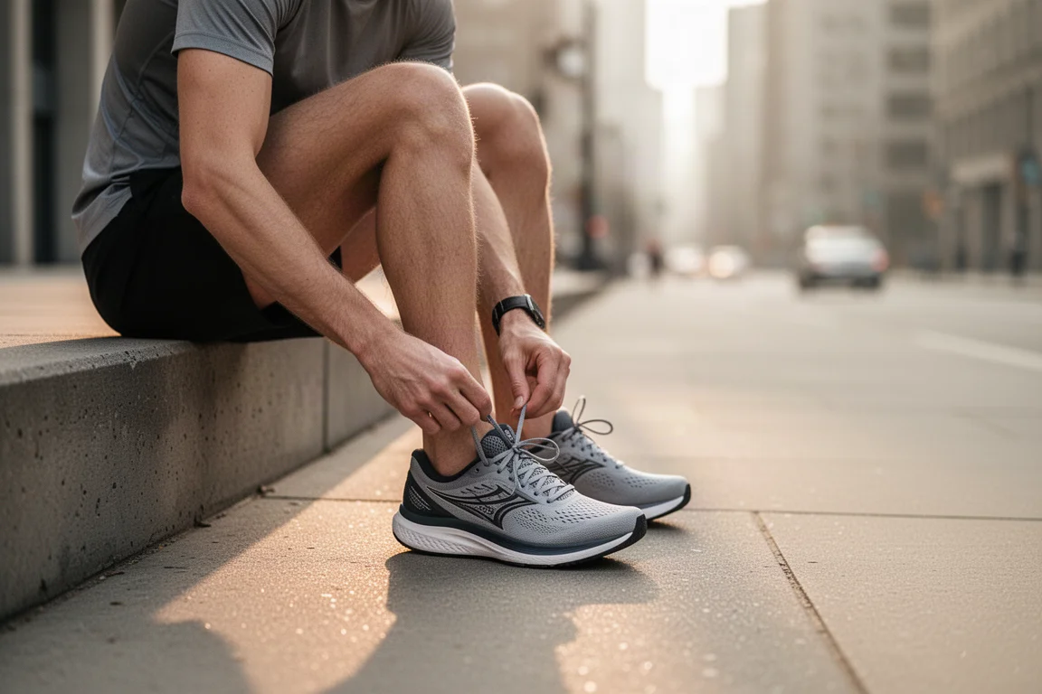 Un runner allaccia una scarpa da running su una scalinata prima di una corsa al mattino presto