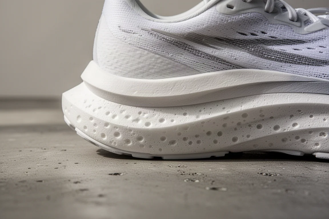 Primo piano della schiuma spessa e stratificata della med suola di una scarpa da running su strada