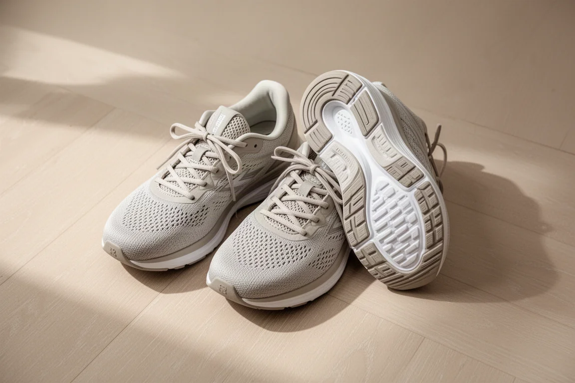 Un paio di scarpe da running appoggiate fianco a fianco su un pavimento in legno