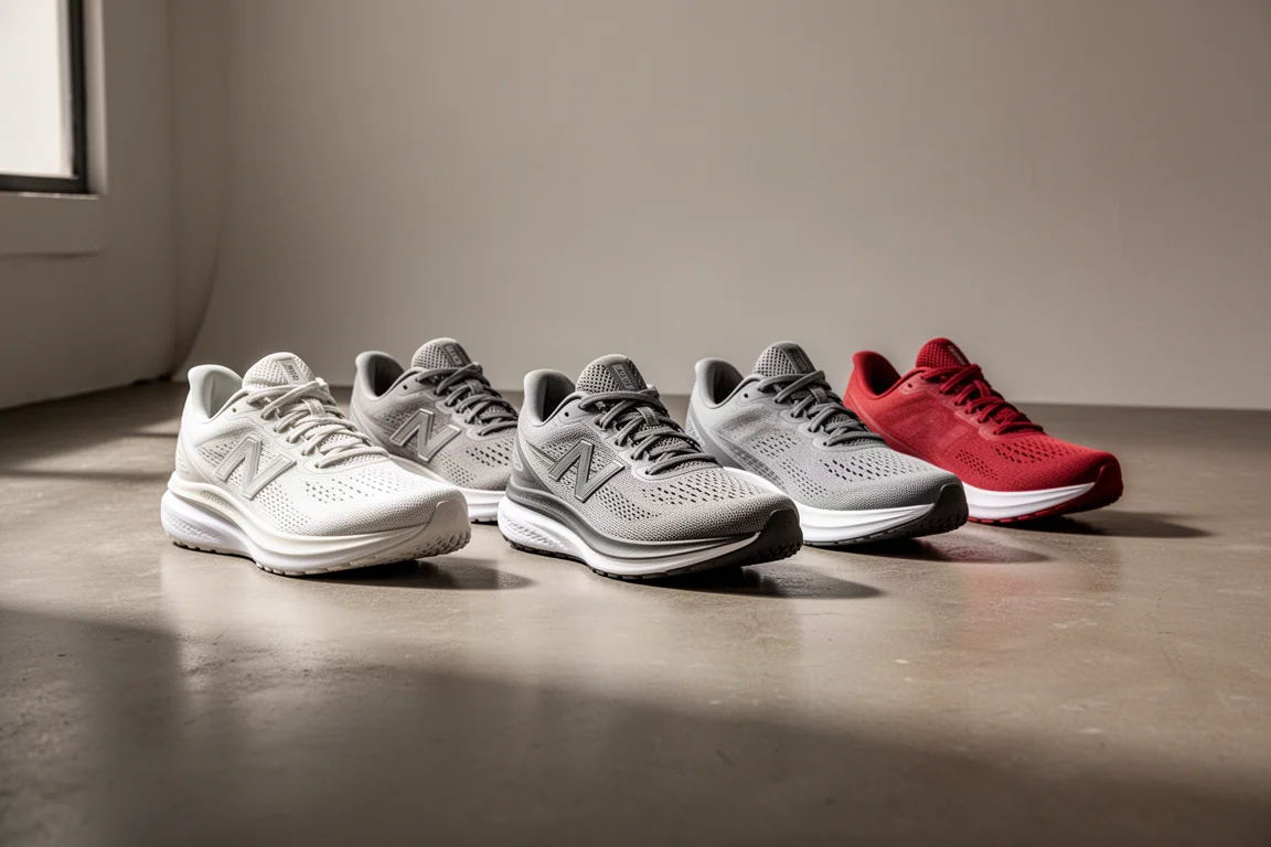 Five running shoes arranged in a row on a concrete studio floor