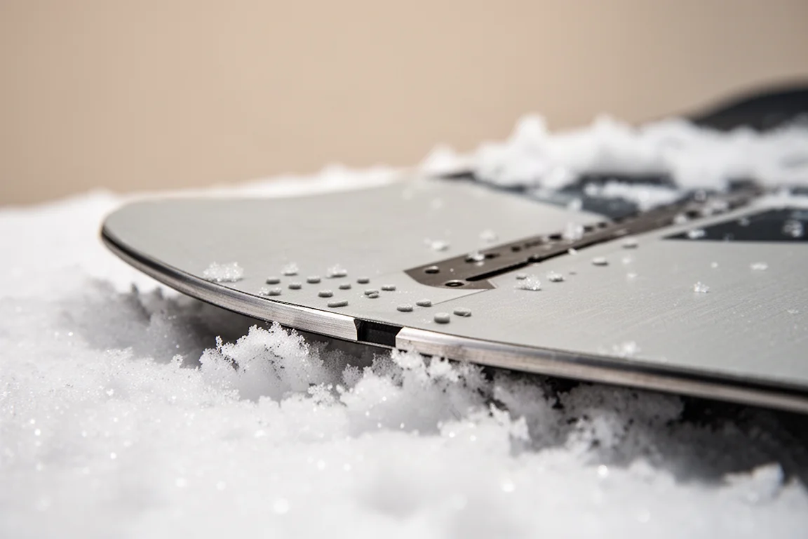 雪板鋼邊和防滑細節在雪地上的特寫