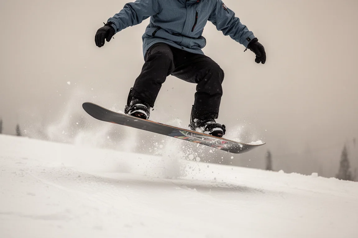 滑雪板手在壓雪道上吸收落地衝擊