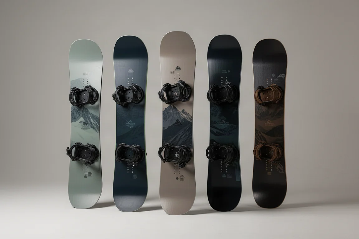 Fünf Youth-Freestyle-Snowboards, fächerförmig aufgereiht vor grauem Hintergrund