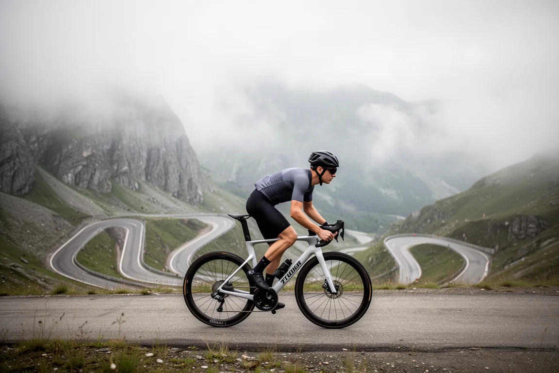 Landsvägscyklist som klättrar över ett bergspass på en smalrörig aero-racercykel
