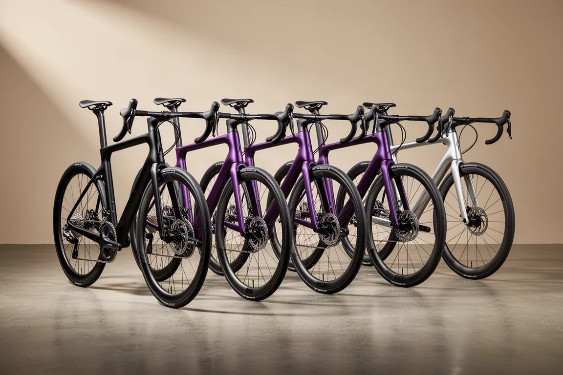 Cinque moderne bici da strada aero allineate su un pavimento in cemento opaco da studio