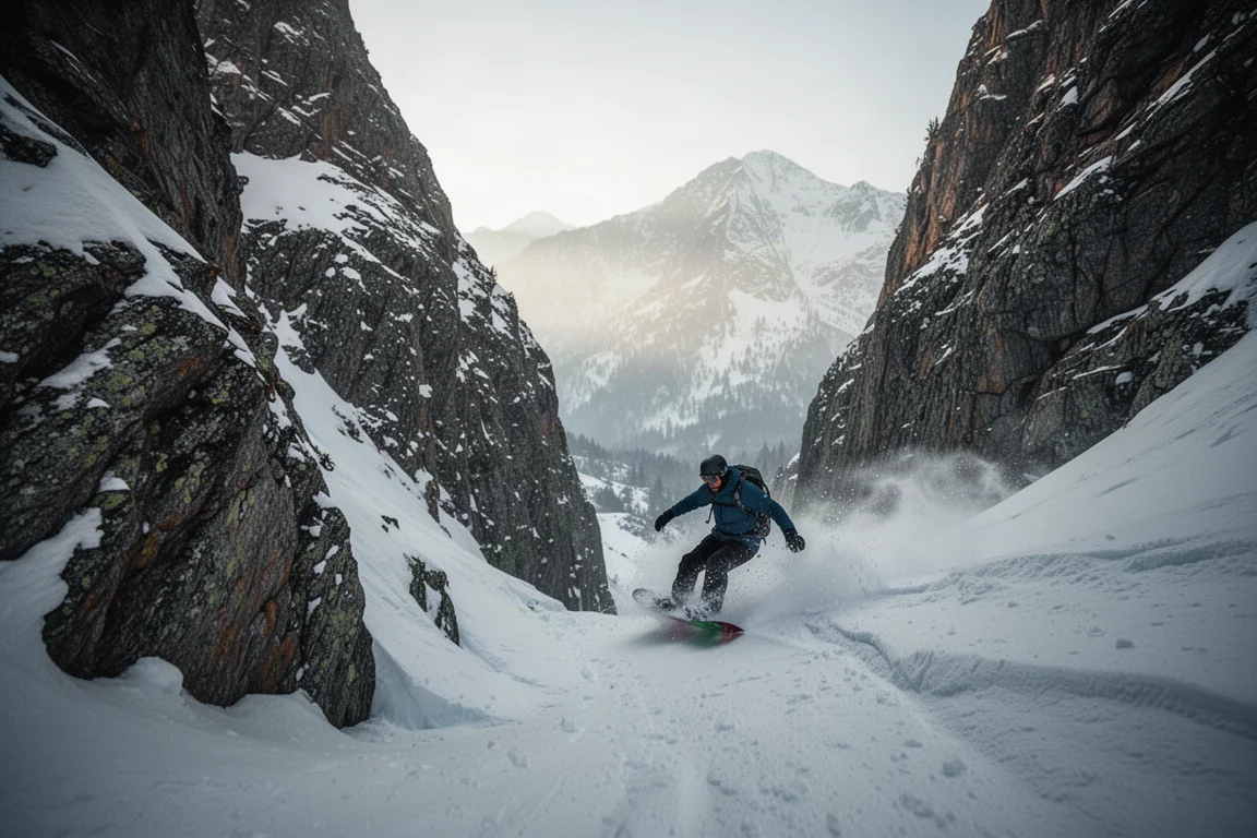 Snowboarder carvt bei weichem Morgenlicht durch steiles Alpinterrain
