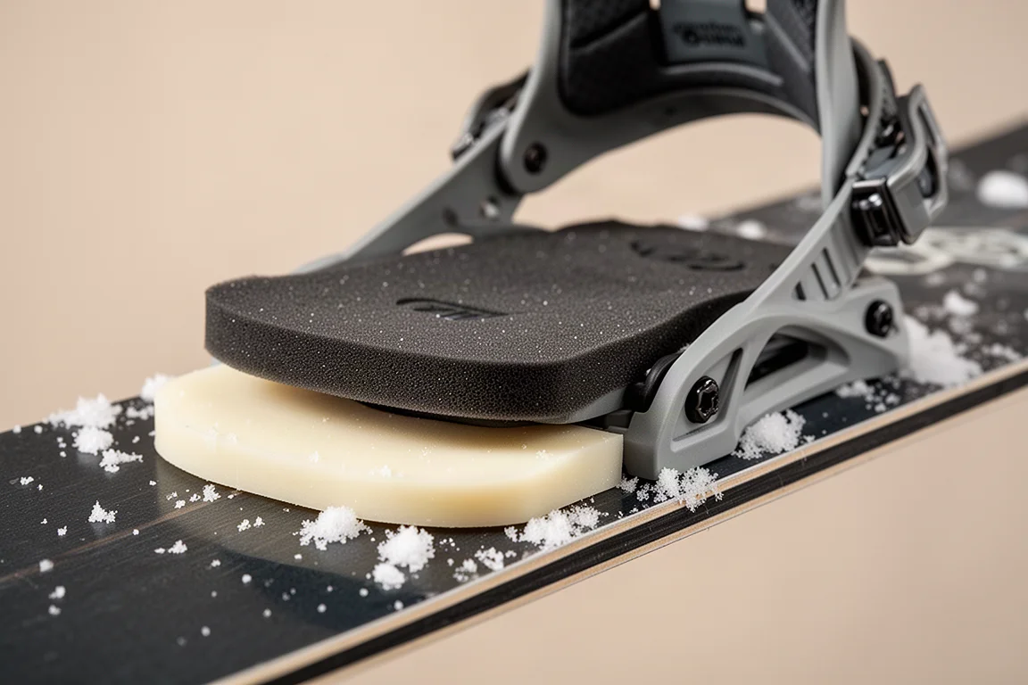 Nahaufnahme einer Snowboard-Binding-Basisplatte und eines Schaumfußbetts im Schnee