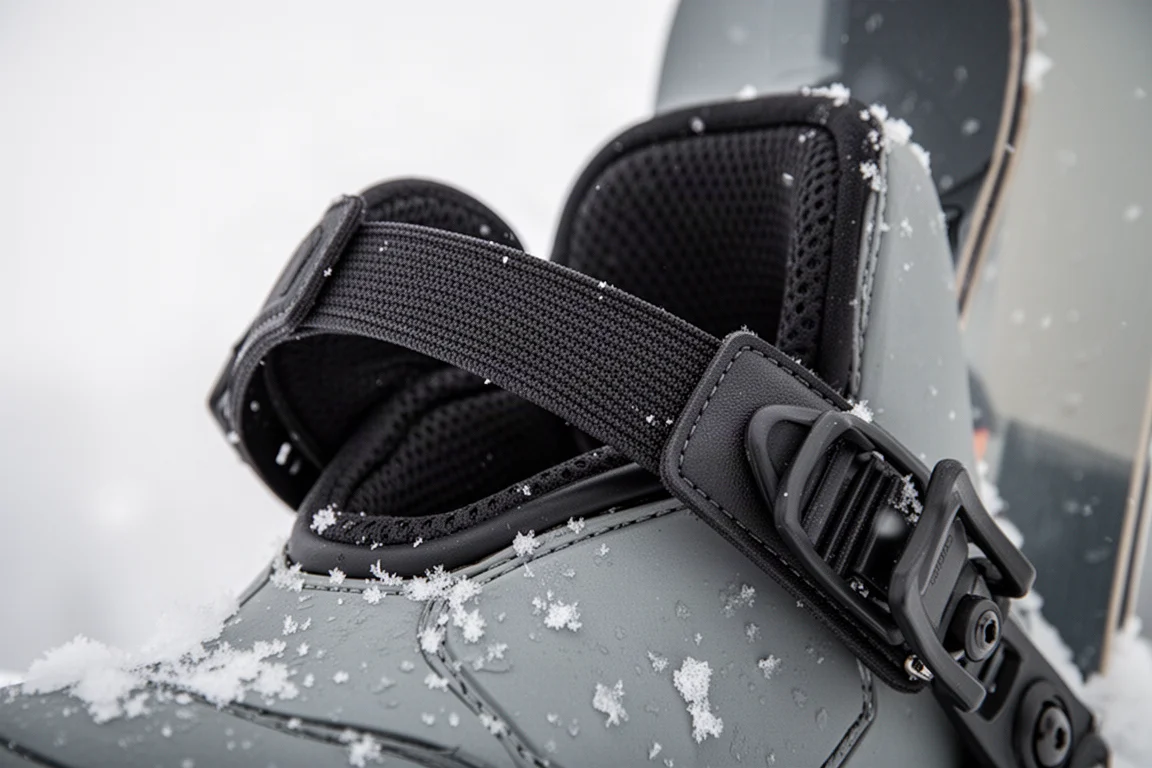 Detailaufnahme eines Zehenstraps, der über den Schuh eines Snowboard-Boots gelegt ist