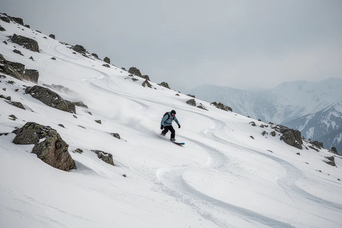 Snowboarder fährt eine offene Steilfläche durch aufgewirbelten Pulverschnee
