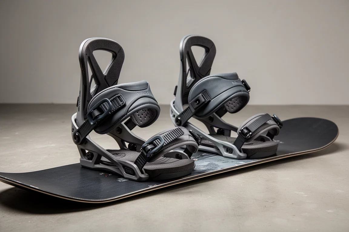 Coppia di attacchi snowboard all-mountain montati su una tavola appoggiata sul cemento
