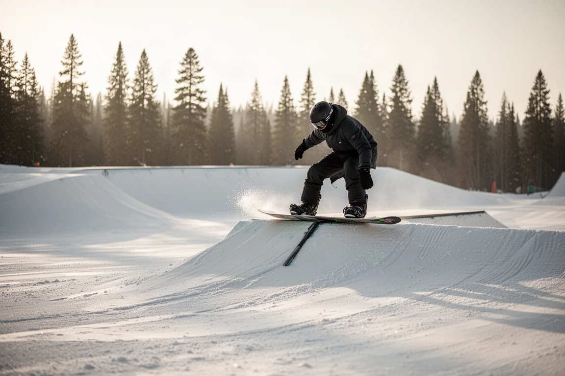 Snowboarder doet een butter op een vlak parkobject in zacht ochtendlicht