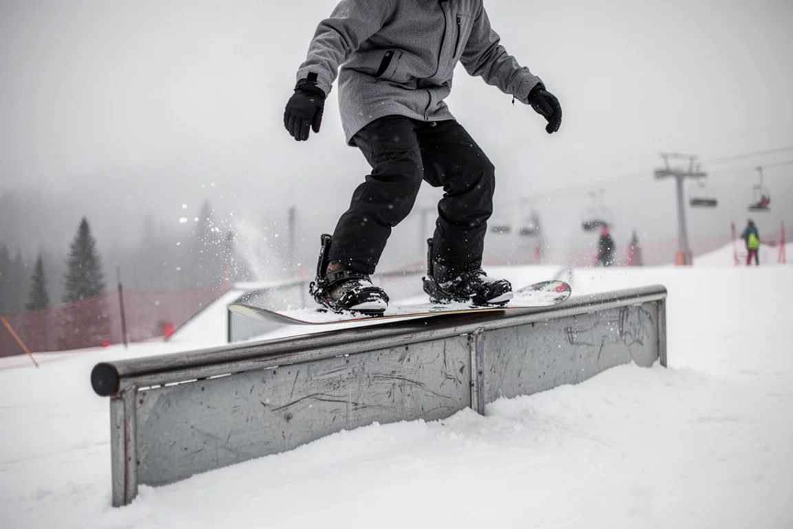 Snowboarder jibbt een rail met één voet uit de binding in een klein resortpark